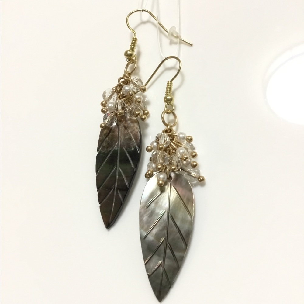 Carved Abalone Leaf Dangle Earrings